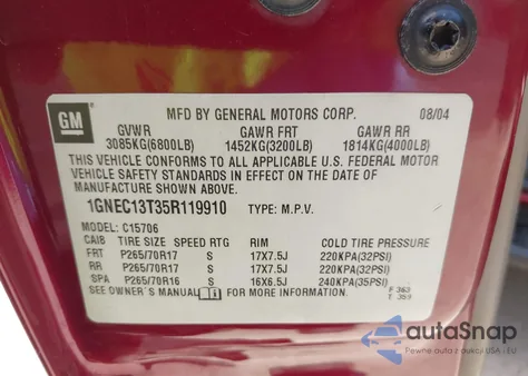 2005 Chevrolet Tahoe Lt from USA, damaged, VIN 1GNEC13T35R119910